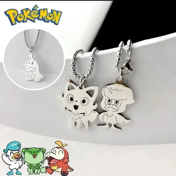 925 Sterling Silver Pokemon Sprigatito Cut-Out Silhouette Pendant Necklace Anime - Picture 3 of 4